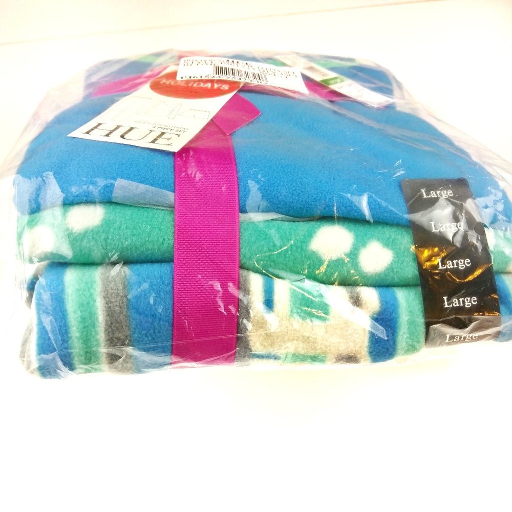 HUE Cozy Fleece Pajama Set 3pc Large NWT Sealed Dog Print Blue Green MSRP $62